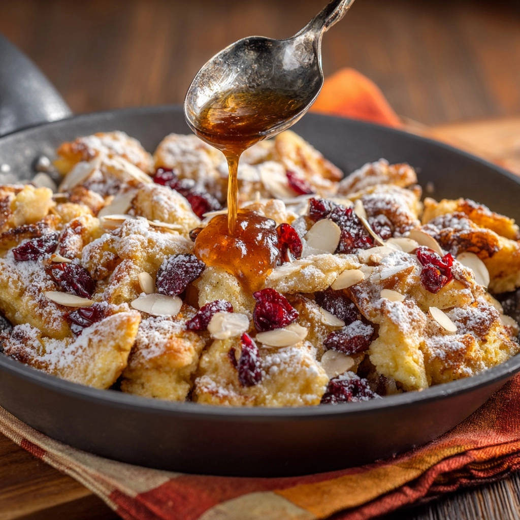 Französischer Brotauflauf aus der Pfanne wird mit Honig übergossen und mit Mandeln und Cranberries garniert.