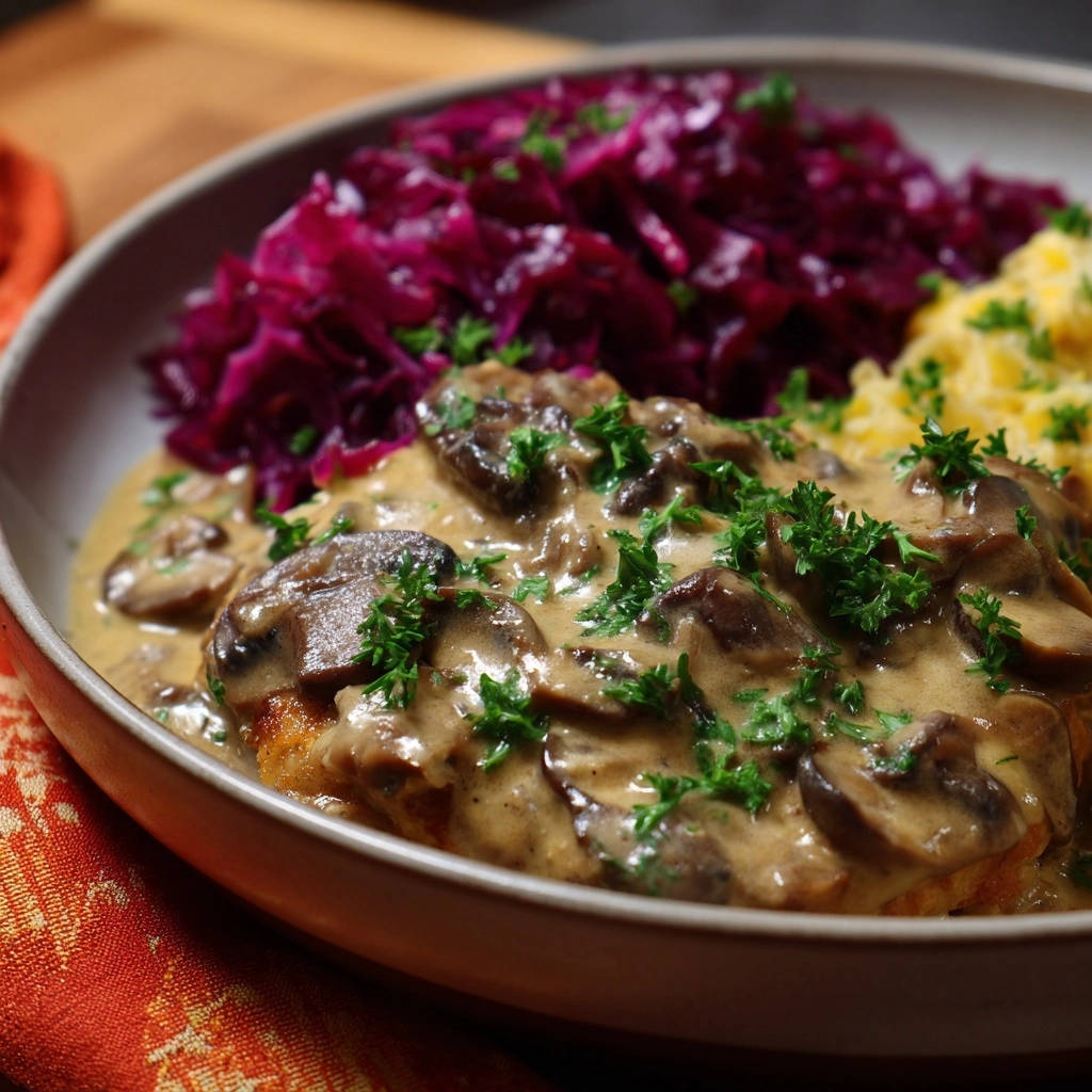 Geflügelschnitzel mit cremiger Champignonrahmsoße und Rotkohl, nahaufnahme des servierten Gerichts mit Petersilie garniert.