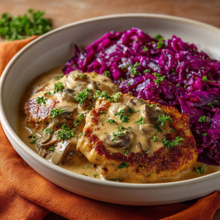Geflügelschnitzel mit cremiger Champignonrahmsoße und Rotkohl, serviert in einer Schüssel mit Petersilie garniert.