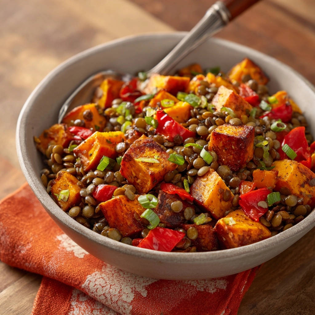 Geröstete Süßkartoffel-Linsen-Bowl, Nahaufnahme der Linsen und Süßkartoffelwürfel mit Frühlingszwiebeln garniert.