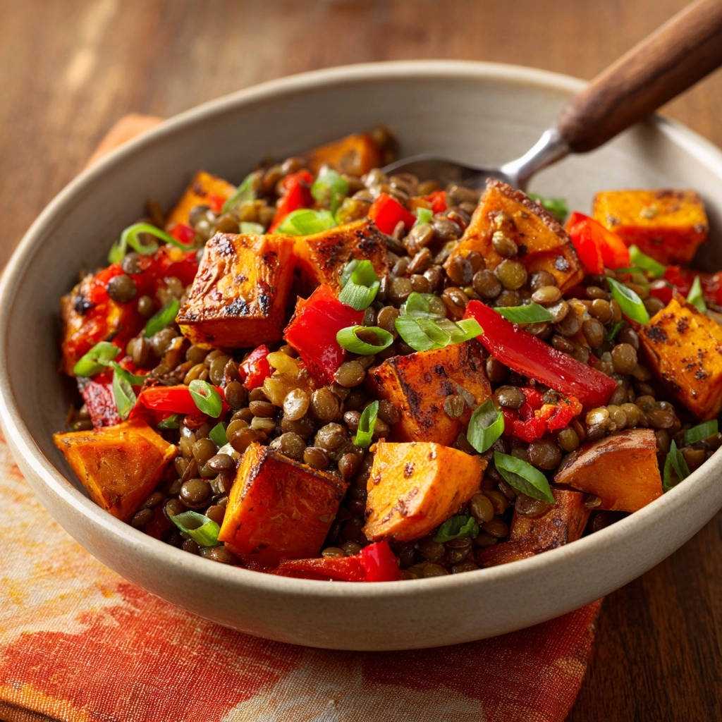 Geröstete Süßkartoffel-Linsen-Bowl mit roten Paprika und Frühlingszwiebeln als Nahaufnahme in einer Schüssel.