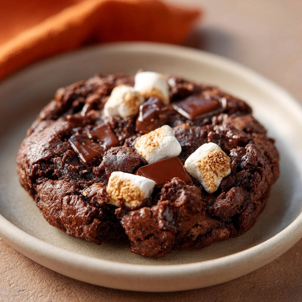 Gigantische Schoko-Marshmallow Cookies mit geschmolzenen Schokoladenstückchen und gerösteten Marshmallows auf einem Teller.
