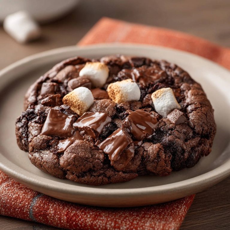 Gigantische Schoko-Marshmallow Cookies mit geschmolzener Schokolade und gerösteten Marshmallows auf einem Teller.