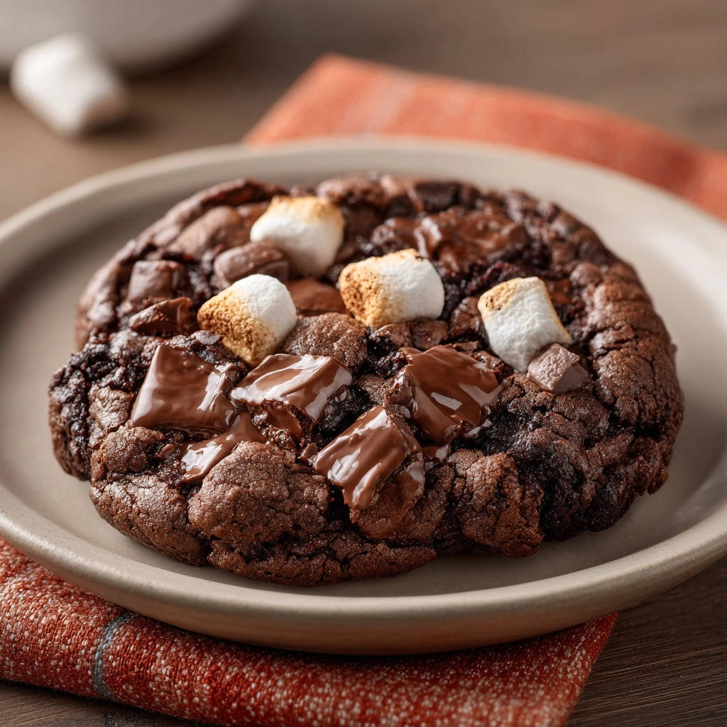 Gigantische Schoko-Marshmallow Cookies mit geschmolzener Schokolade und gerösteten Marshmallows auf einem Teller.
