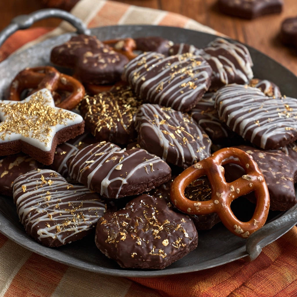 Glänzende Schokoladen-Leckereien mit feinem weißen Zuckerguss und goldenem Glitzer, Nahaufnahme der Dekoration.