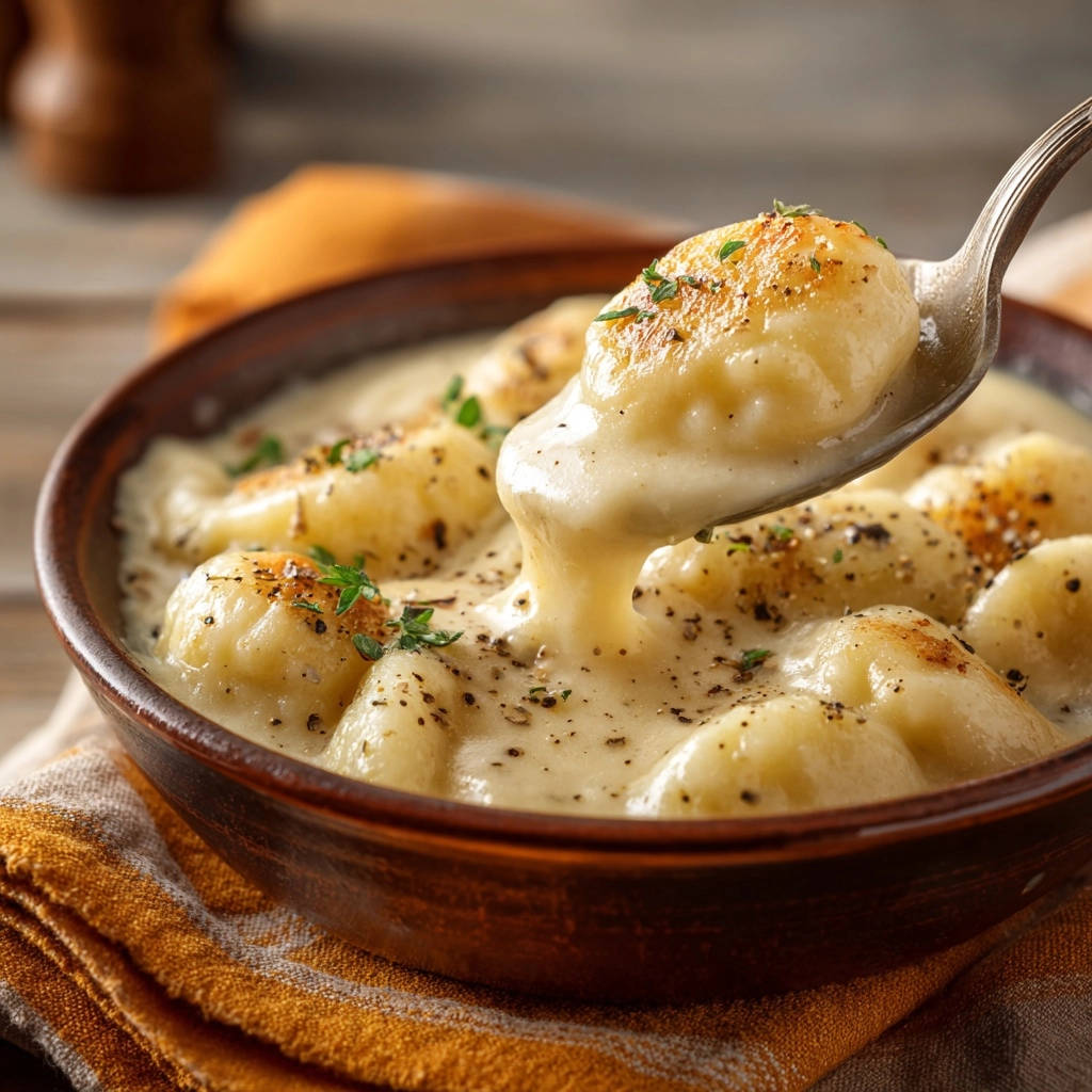 Gnocchi in cremiger Kräutersoße, ein Löffel hebt zarte Gnocchi mit Kräutern und Pfeffer aus der Schüssel.
