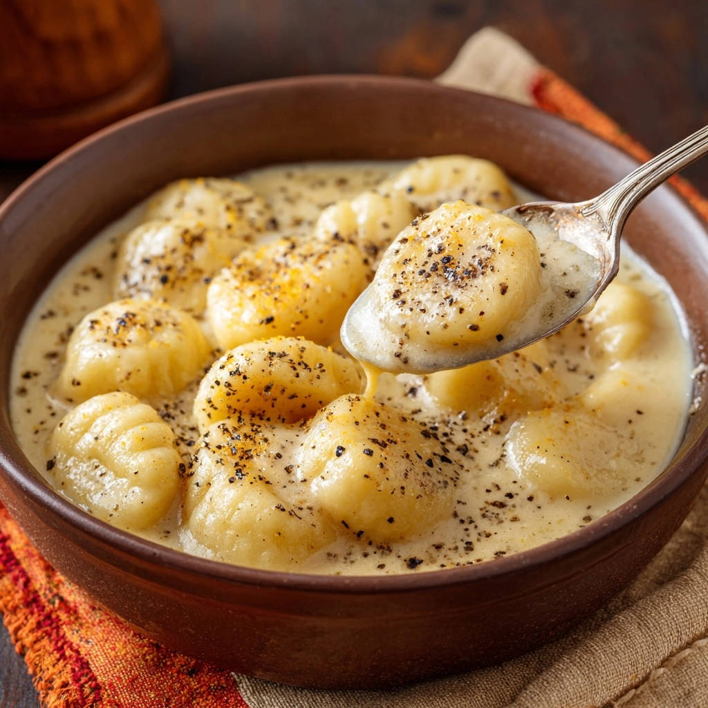 Gnocchi in cremiger Kräutersoße, eine Nahaufnahme mit einem Löffel, der einige Gnocchi aus der Schüssel hebt.