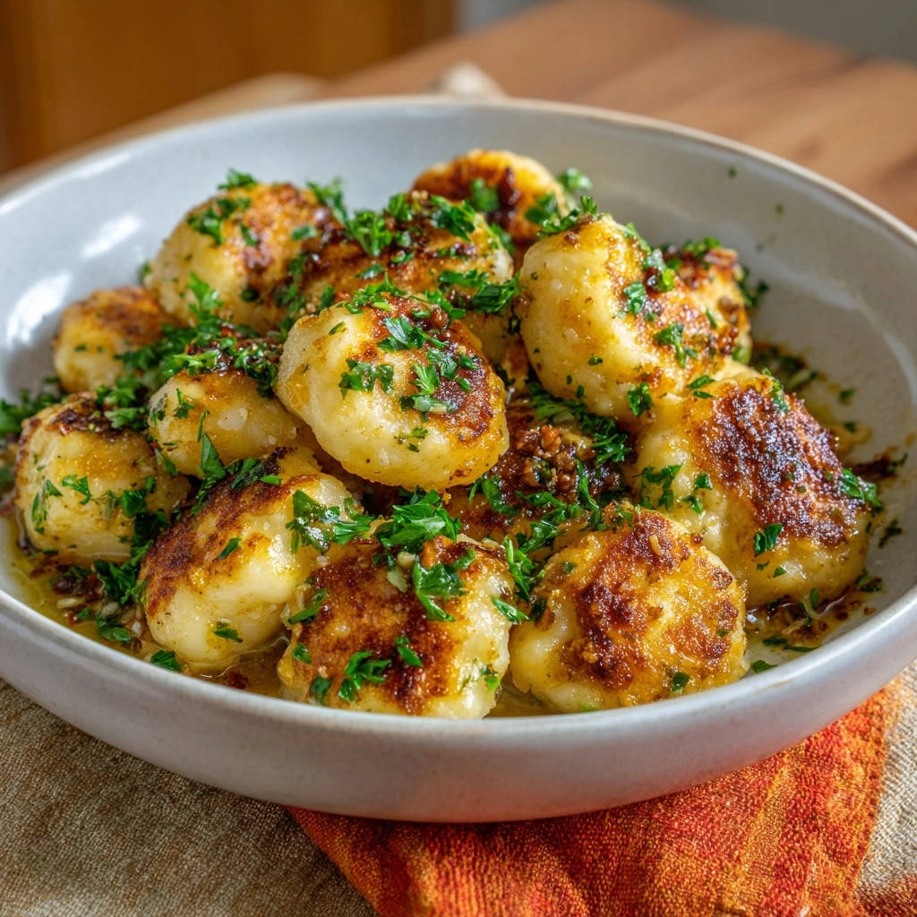 Goldbraune Kartoffel-Nuggets mit Kräutersauce, detailreich mit frischer Petersilie und knusprigen Gewürzen garniert.