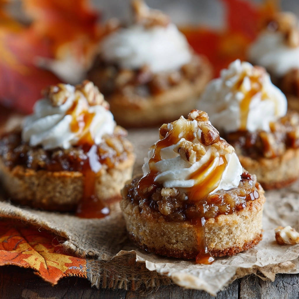 Goldene Mini-Pecan-Törtchen mit Sahne, Karamell und Walnüssen garniert, Nahaufnahme der Textur.
