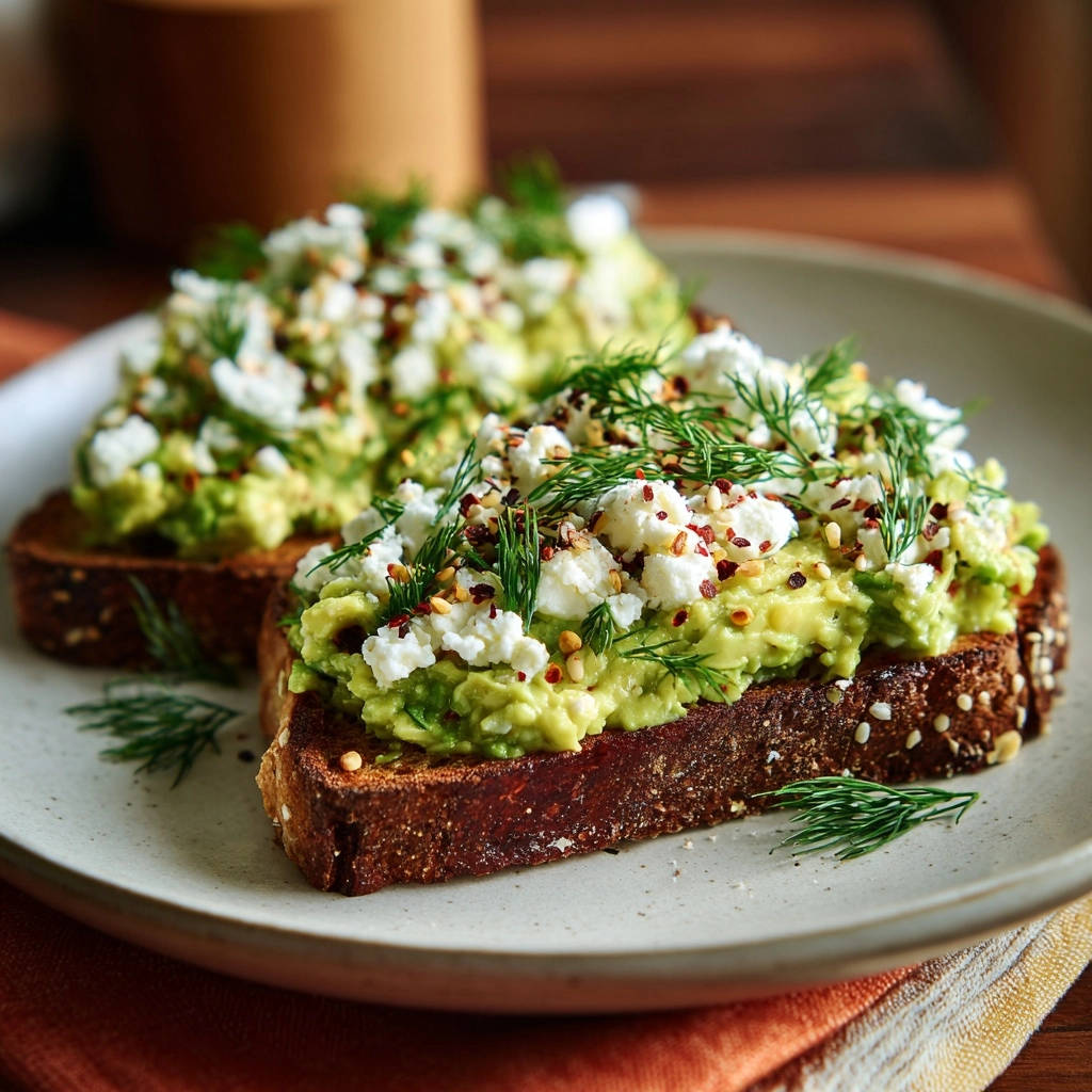 Gourmet Avocado-Feta-Toast garniert mit Dill und zerbröseltem Feta auf rustikalem Brot, nahaufnahme serviert auf einem Teller.