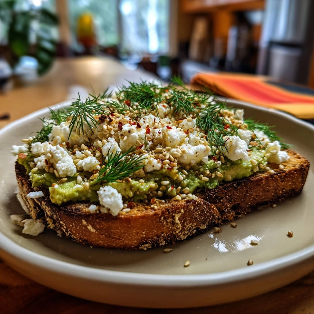 Gourmet Avocado-Feta-Toast, eine Nahaufnahme des garnierten Toasts mit Dill, Feta und Sesamsamen.