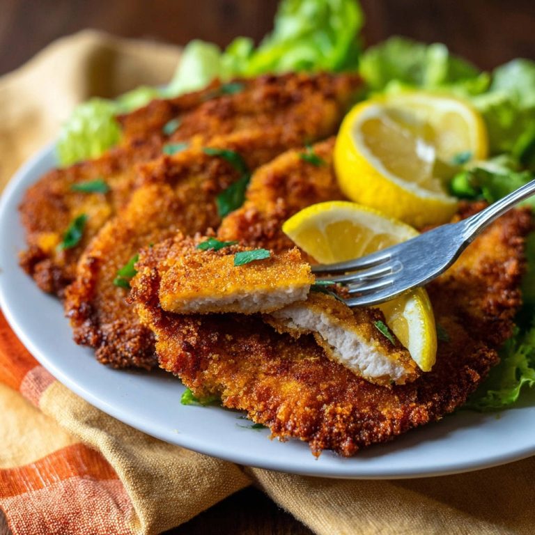 Knusprige Hähnchen-Schnitzel angeschnitten mit Zitrone und frischem Salat auf einem Teller serviert.