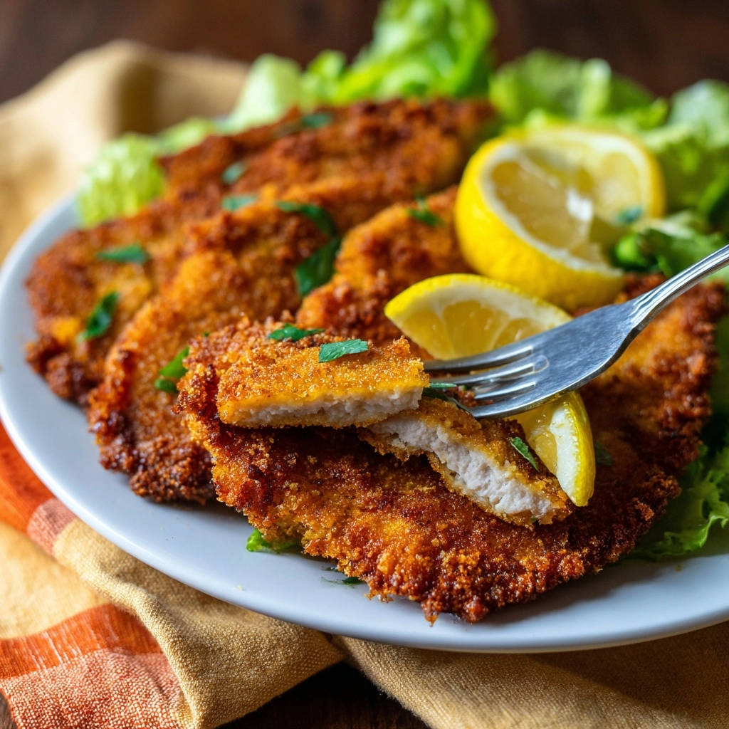 Knusprige Hähnchen-Schnitzel angeschnitten mit Zitrone und frischem Salat auf einem Teller serviert.
