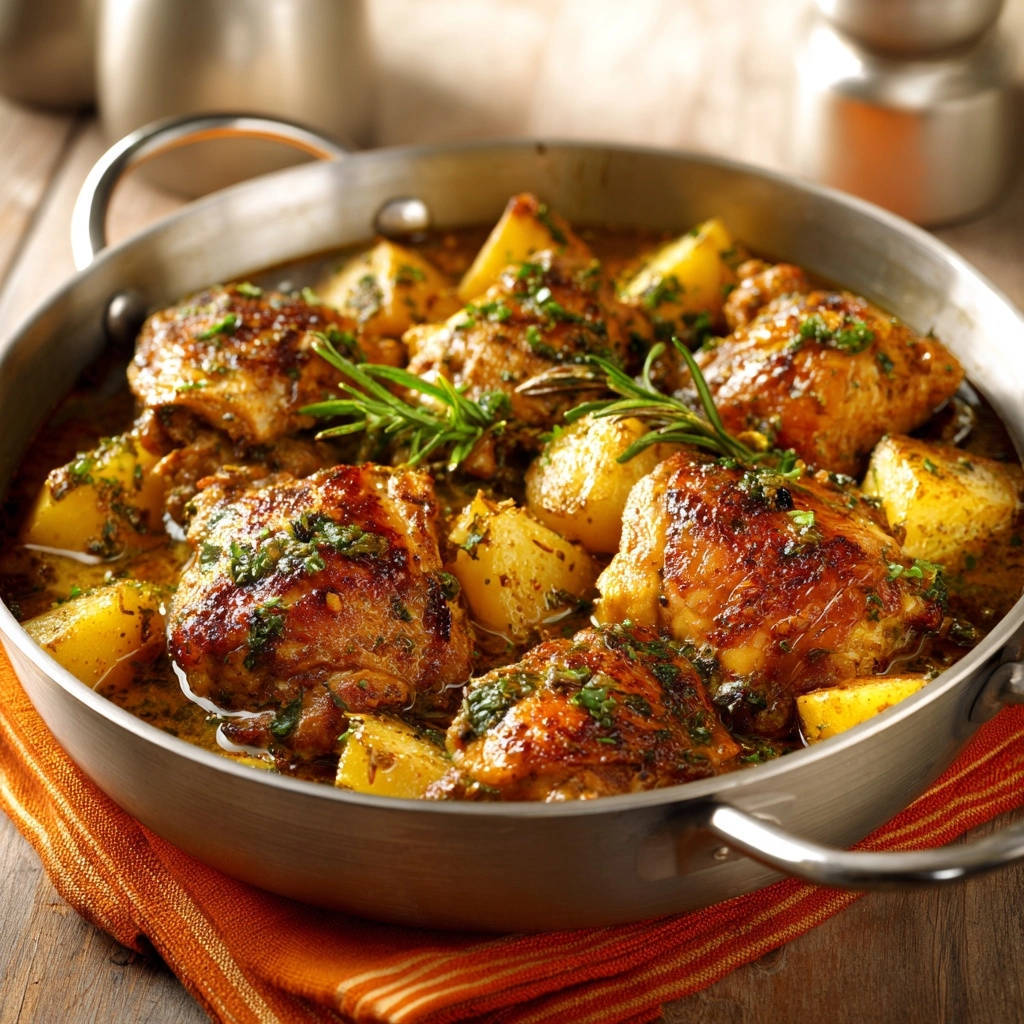 Hähnchenschenkel vom Blech mit Rosmarinkartoffeln, saftig und kross, detailaufnahme im Kochtopf mit Kräutern und Sauce.