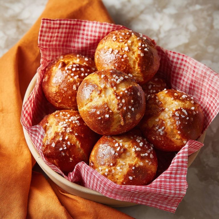 Hausgemachte Laugenbrötchen mit einer detaillierten Ansicht der groben Salzkruste und goldbraunen Oberfläche.