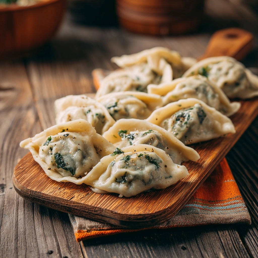 Hausgemachte Ravioli mit Spinat-Ricotta-Füllung, nahaufnahme auf einem Holzbrett serviert, mit Kräutern und Pfeffer bestreut.