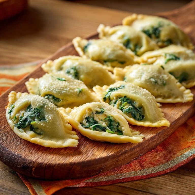 Hausgemachte Ravioli mit Spinat-Ricotta-Füllung, nahaufnahme der sorgfältig versiegelten Kanten und der Füllung.
