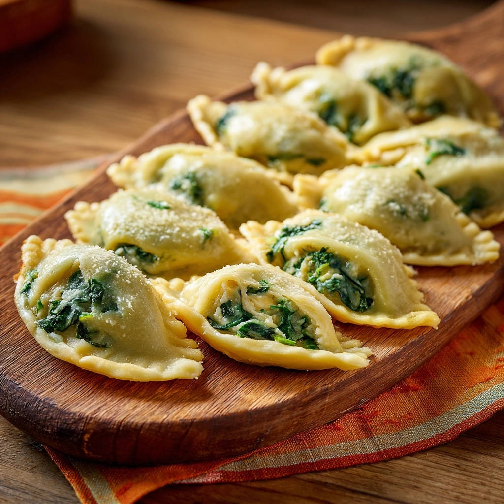 Hausgemachte Ravioli mit Spinat-Ricotta-Füllung, nahaufnahme der sorgfältig versiegelten Kanten und der Füllung.