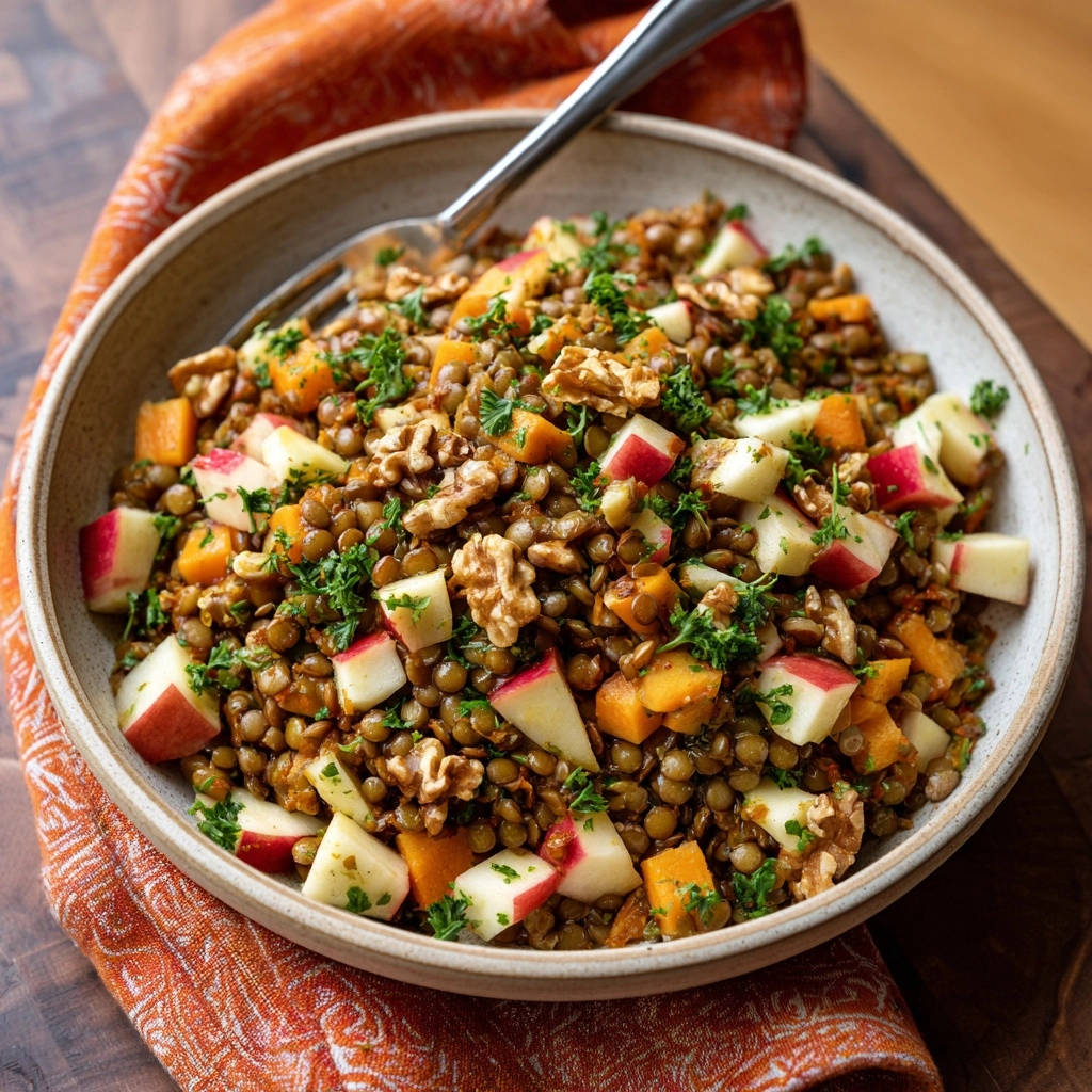 Herbstlicher Linsen-Salat mit Apfel und Walnuss, nahaufnahme der servierten Schüssel mit frischer Petersilie garniert.