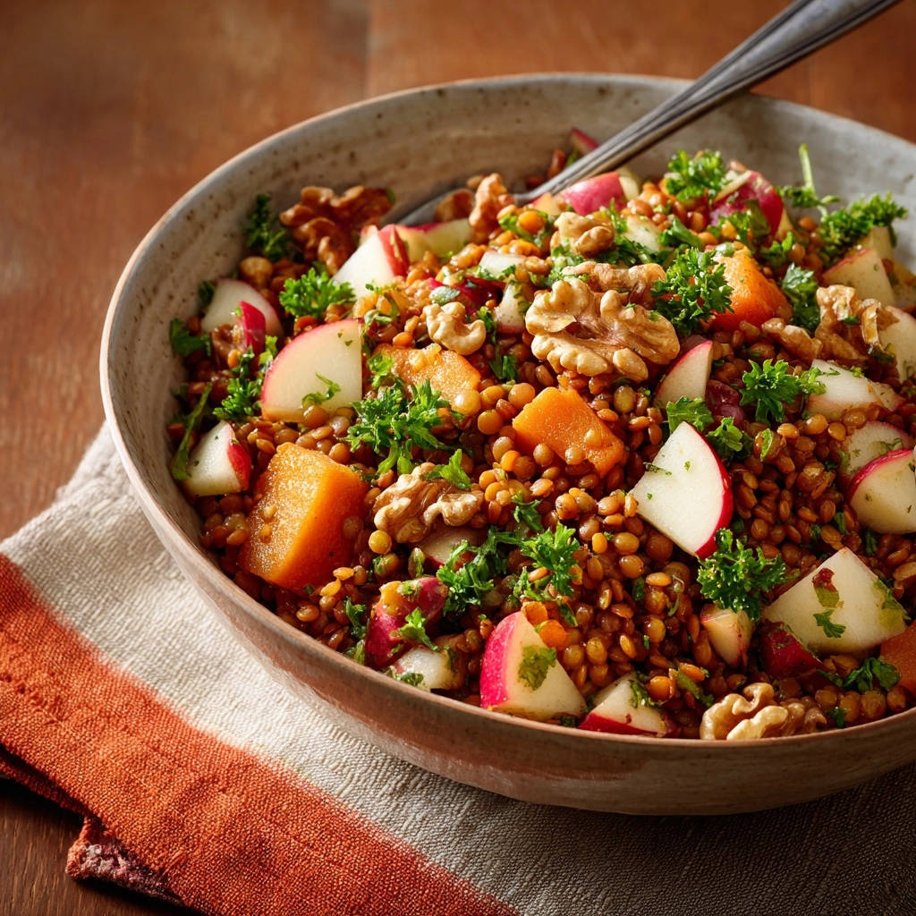 Herbstlicher Linsen-Salat mit Apfel und Walnuss in einer Schüssel, Nahaufnahme der frischen Zutaten und Texturen.