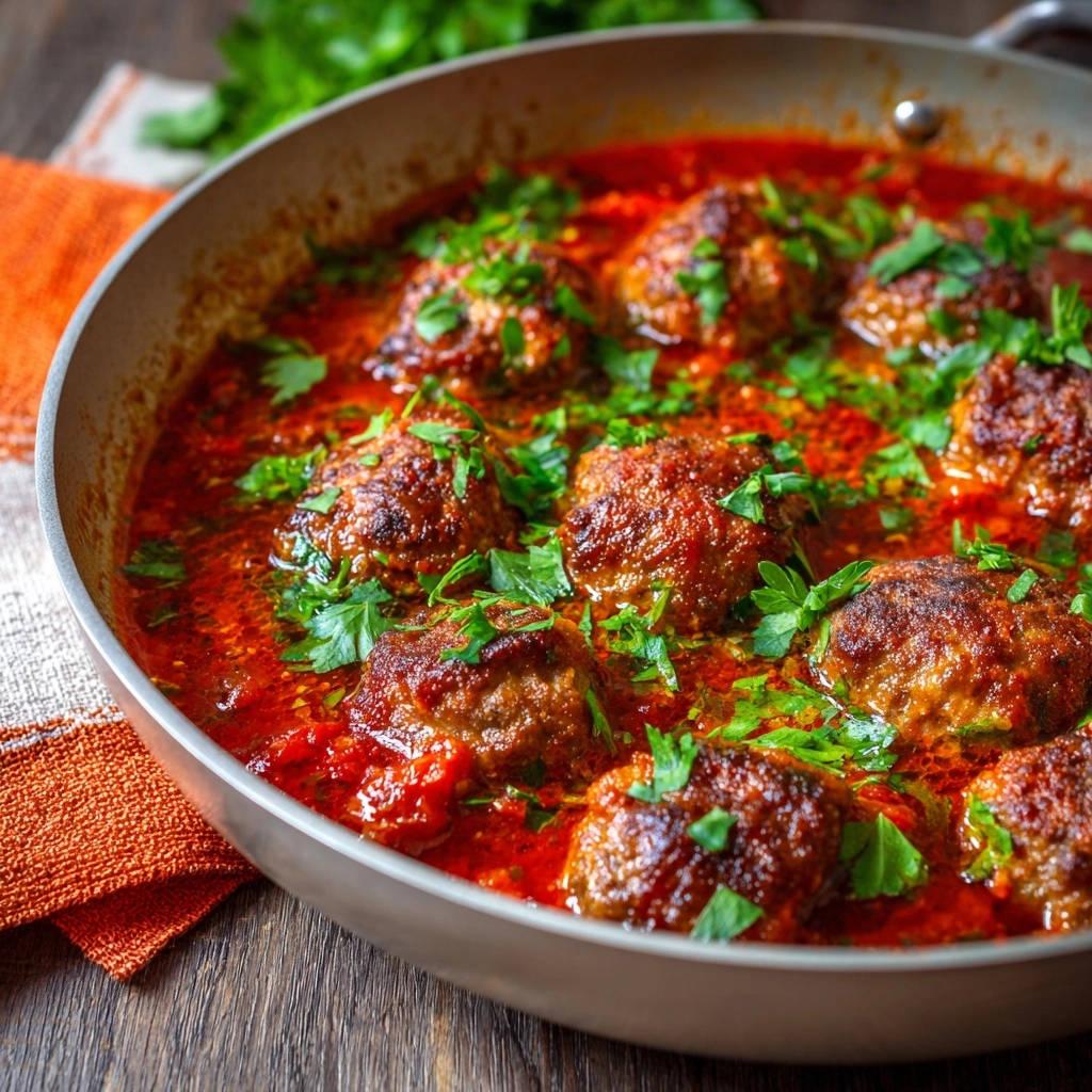 Herzhafte Frikadellen in Tomatensoße als Nahaufnahme, garniert mit frischer Petersilie in einer Pfanne.