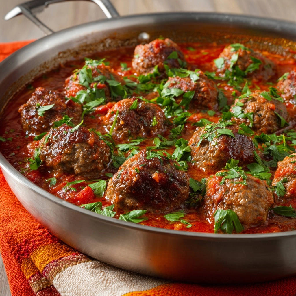 Herzhafte Frikadellen in Tomatensoße, nahaufnahme mit frischer Petersilie garniert in einer Edelstahlschüssel.