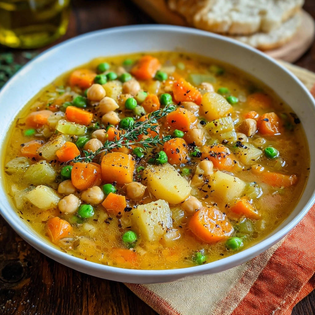 Herzhafte Gemüsesuppe mit Kichererbsen, serviert in einer weißen Schüssel mit frischem Thymian garniert.