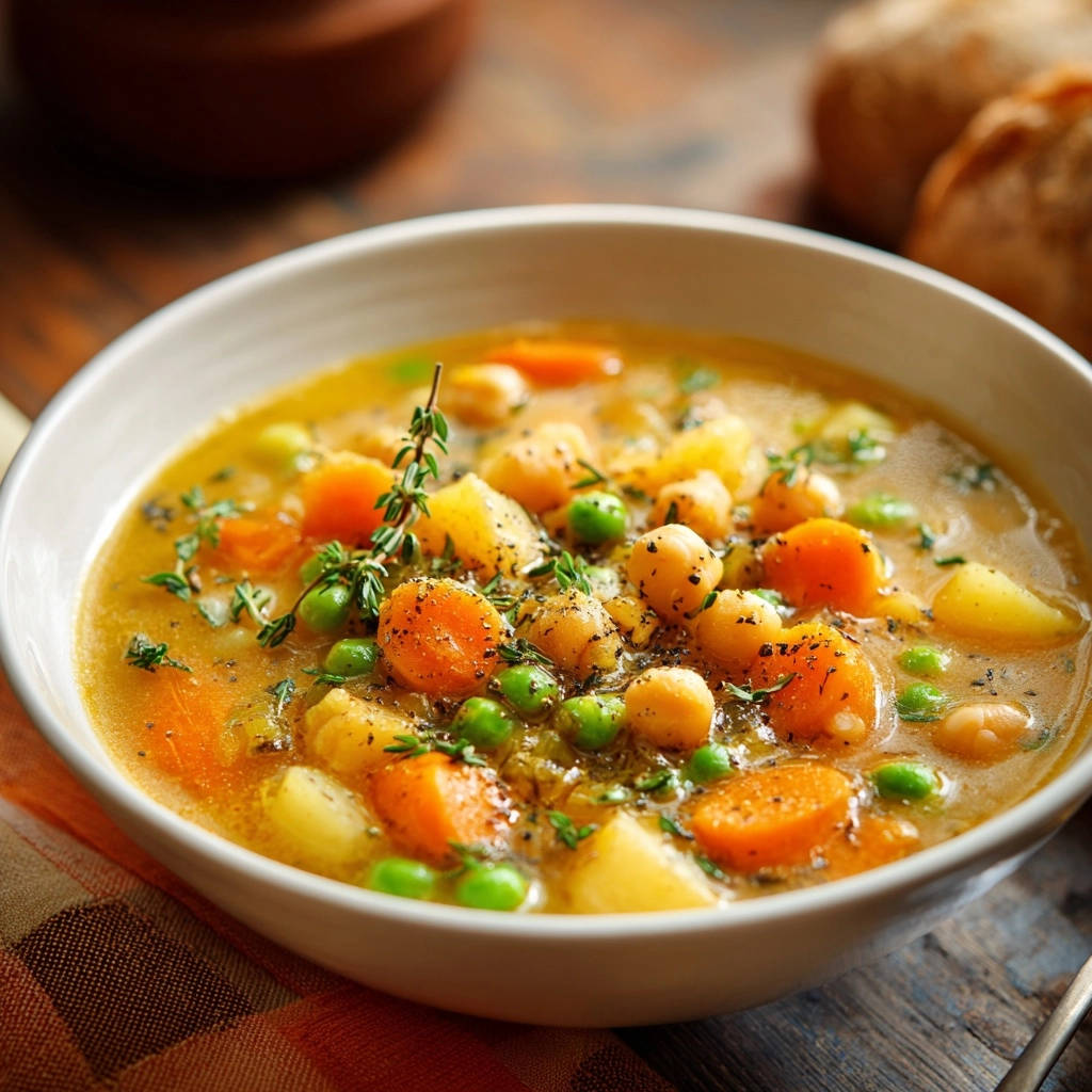 Herzhafte Gemüsesuppe mit Kichererbsen, serviert in einer Schüssel und garniert mit frischem Thymian.