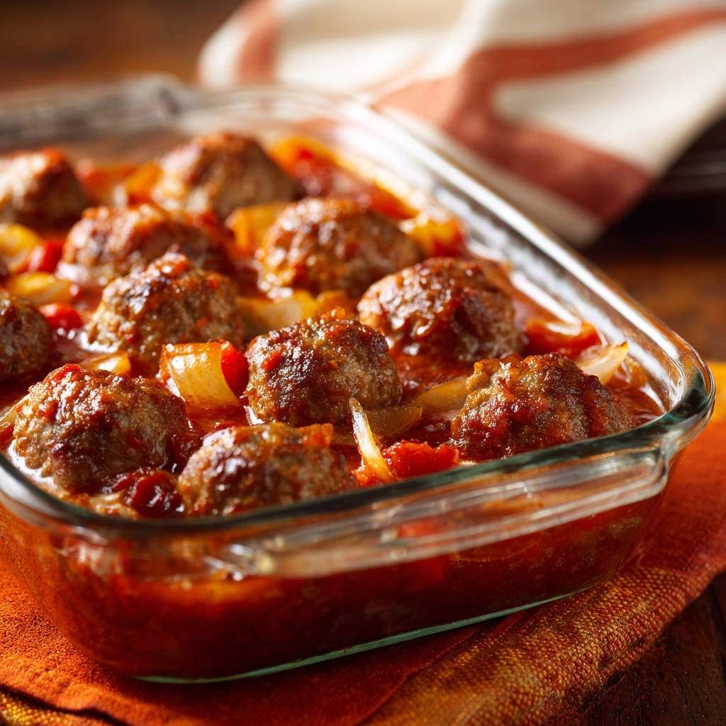 Herzhafte Hackbällchen in aromatischer Tomatensauce, nah aufgenommen im Glasauflauf mit Zwiebeln und Paprika.