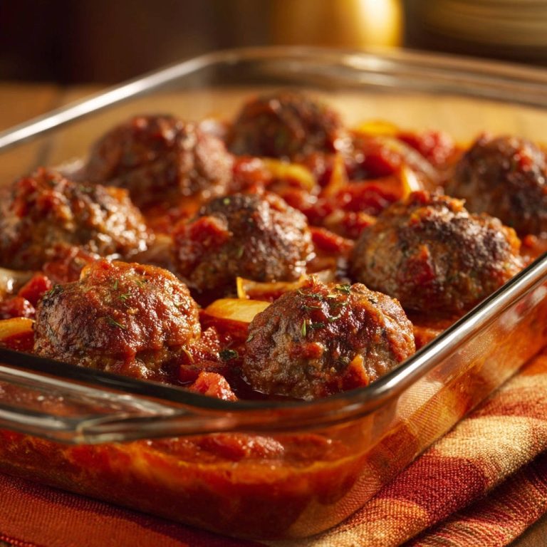 Herzhafte Hackbällchen in aromatischer Tomatensauce, nahaufnahme im Glas-Auflauf, mit frischen Kräutern garniert