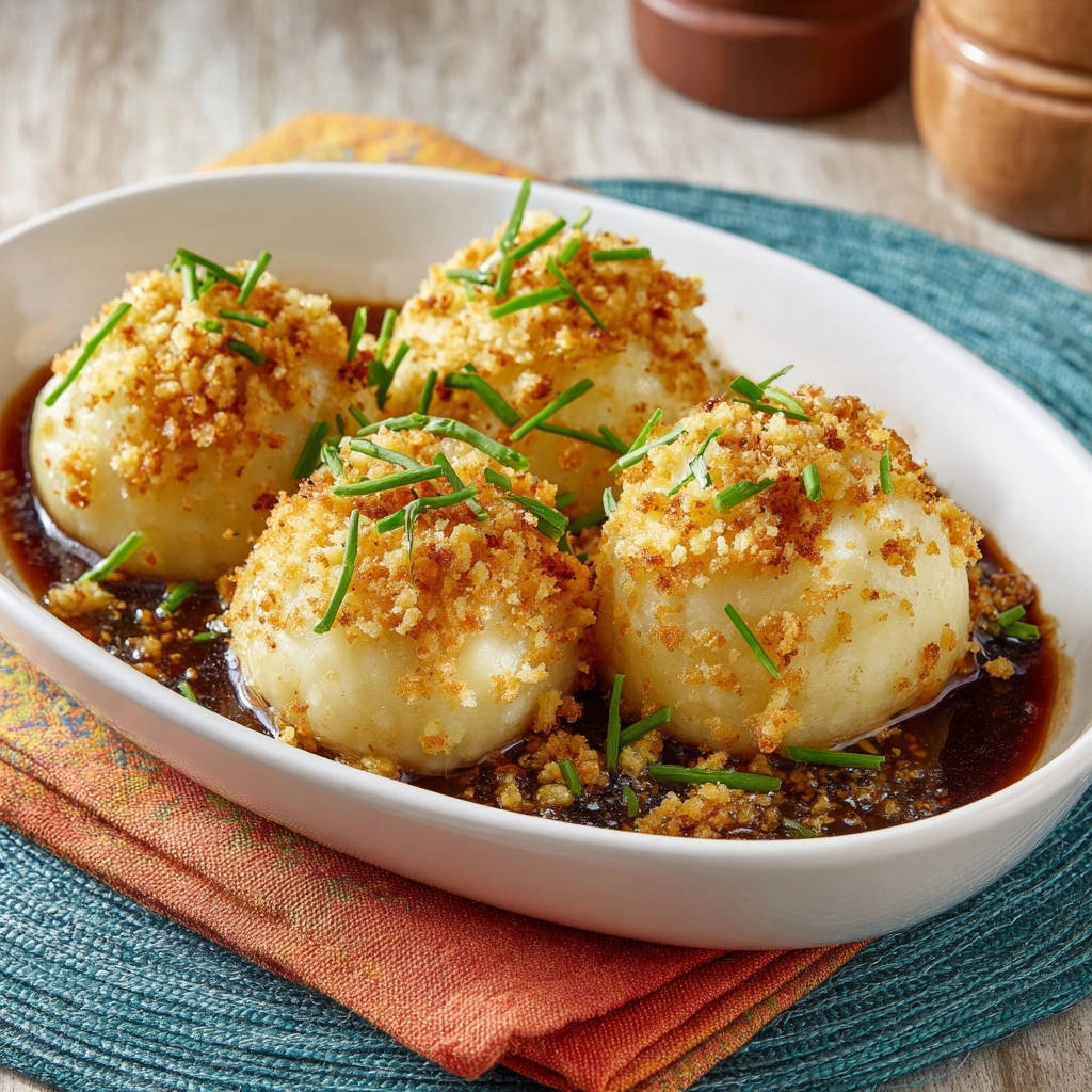 Herzhafte Kartoffelknödel in Bratensoße mit Butterbröseln, Nahaufnahme der Garnitur mit Schnittlauch und knusprigen Bröseln.