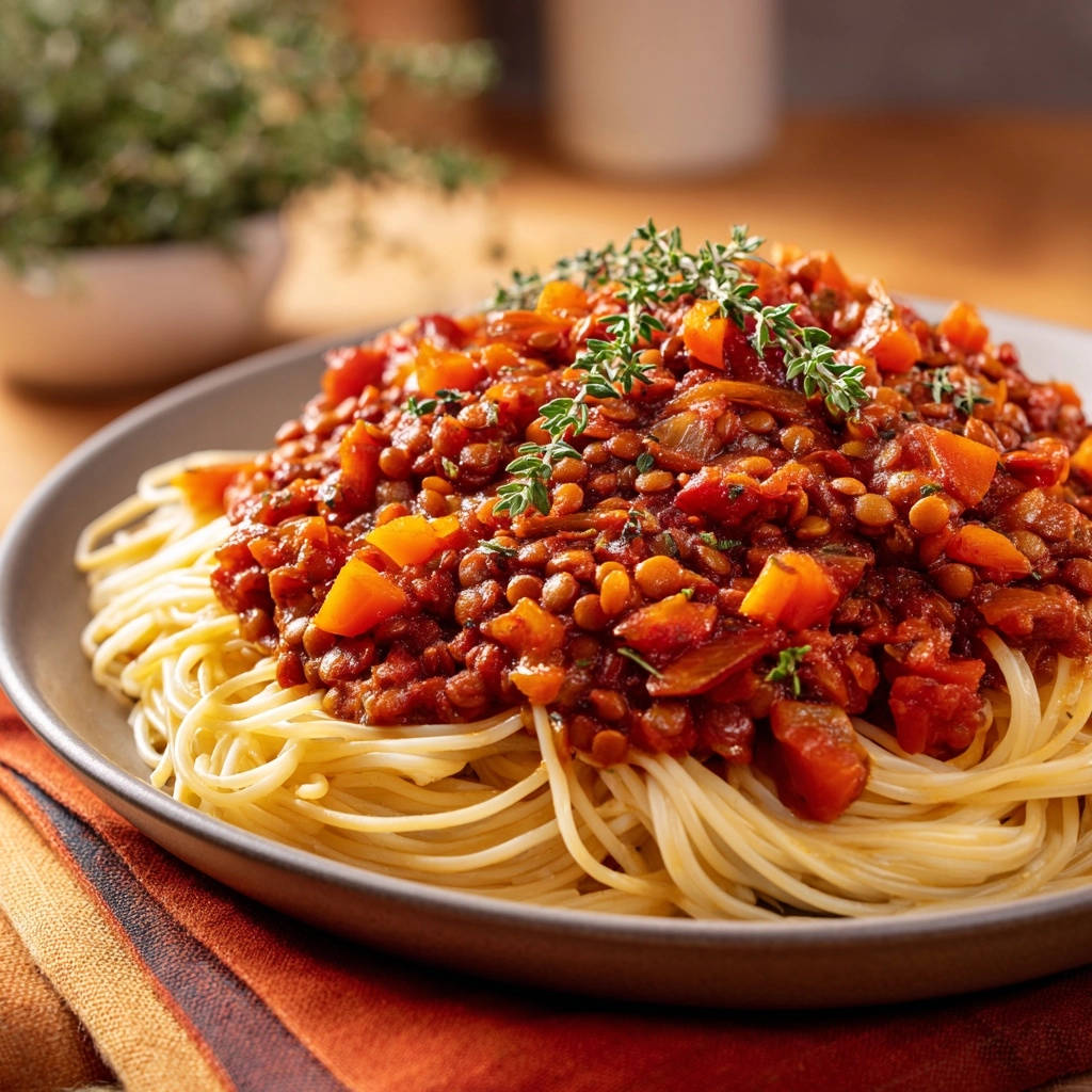 Herzhafte Linsenbolognese auf Spaghetti, serviert auf einem Teller und garniert mit frischen Kräutern.