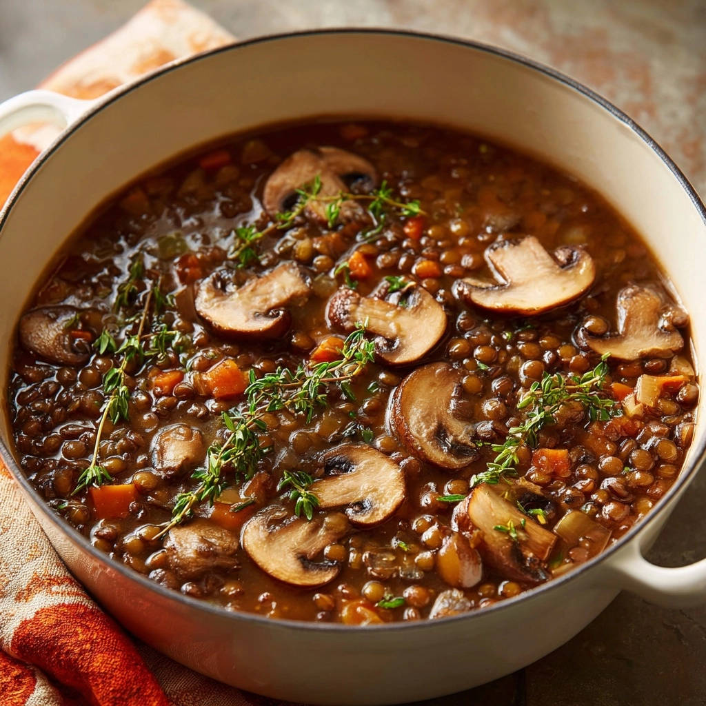 Herzhafte Linsensuppe mit Pilzen und Thymian als Nahaufnahme im Topf, mit sichtbaren Karottenstücken.