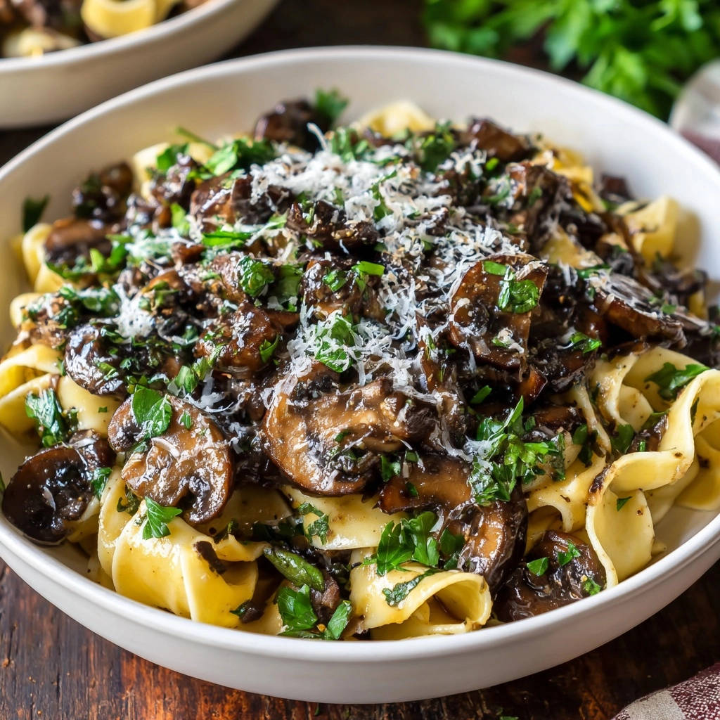 Herzhafte Pasta mit Pilzragout, nahaufnahme der cremigen Sauce und frischen Kräutern auf breiten Bandnudeln.