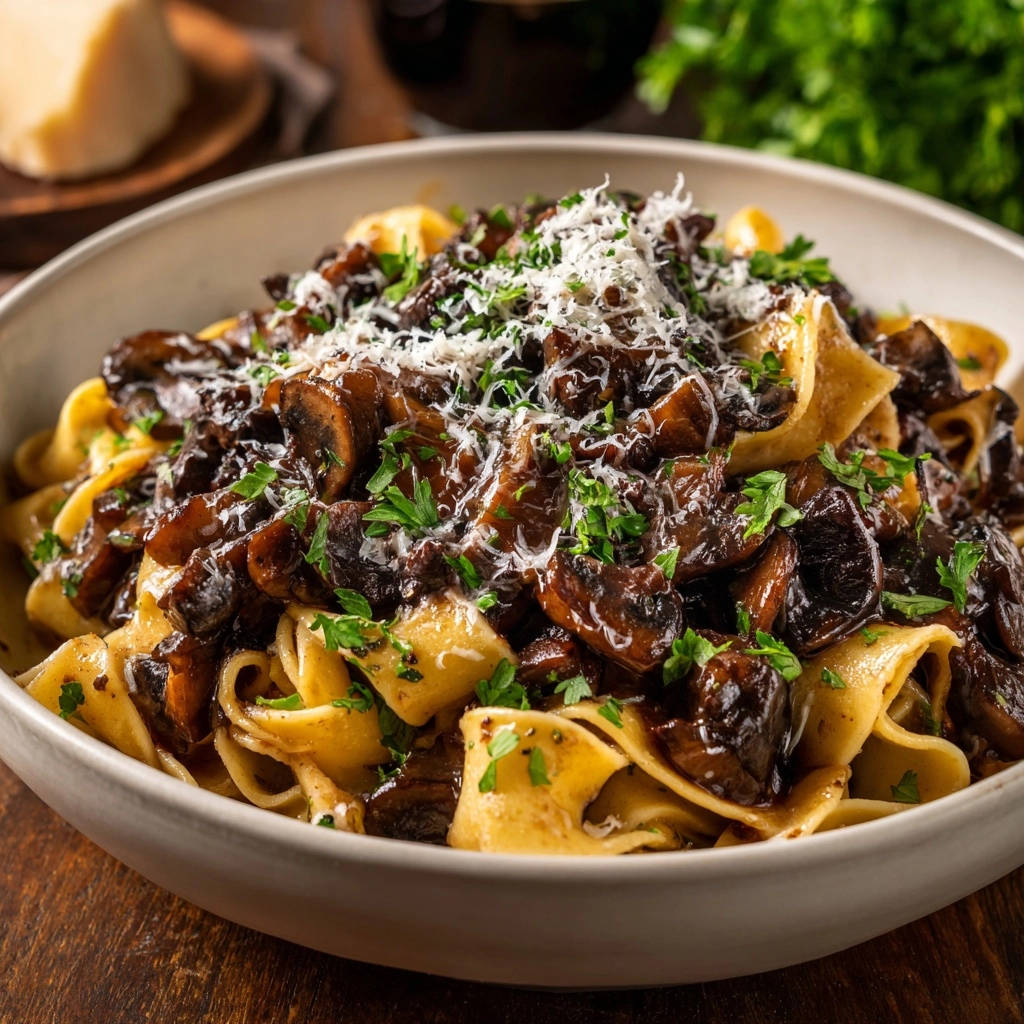 Herzhafte Pasta mit Pilzragout, serviert in einer Schüssel mit reichlich Pilzen, bestreut mit Parmesan und frischer Petersilie.