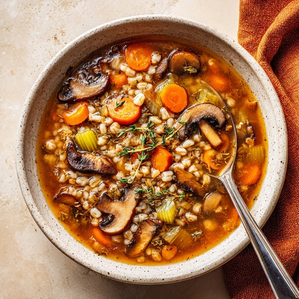 Herzhafte Pilz-Gersten-Suppe als Nahaufnahme mit einem Löffel, der aus der Schüssel ragt und das herzhafte Gericht zeigt.