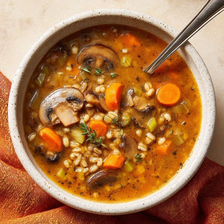 Herzhafte Pilz-Gersten-Suppe als Nahaufnahme in einer rustikalen Schüssel mit Gerste, Pilzen, Karotten und Sellerie.