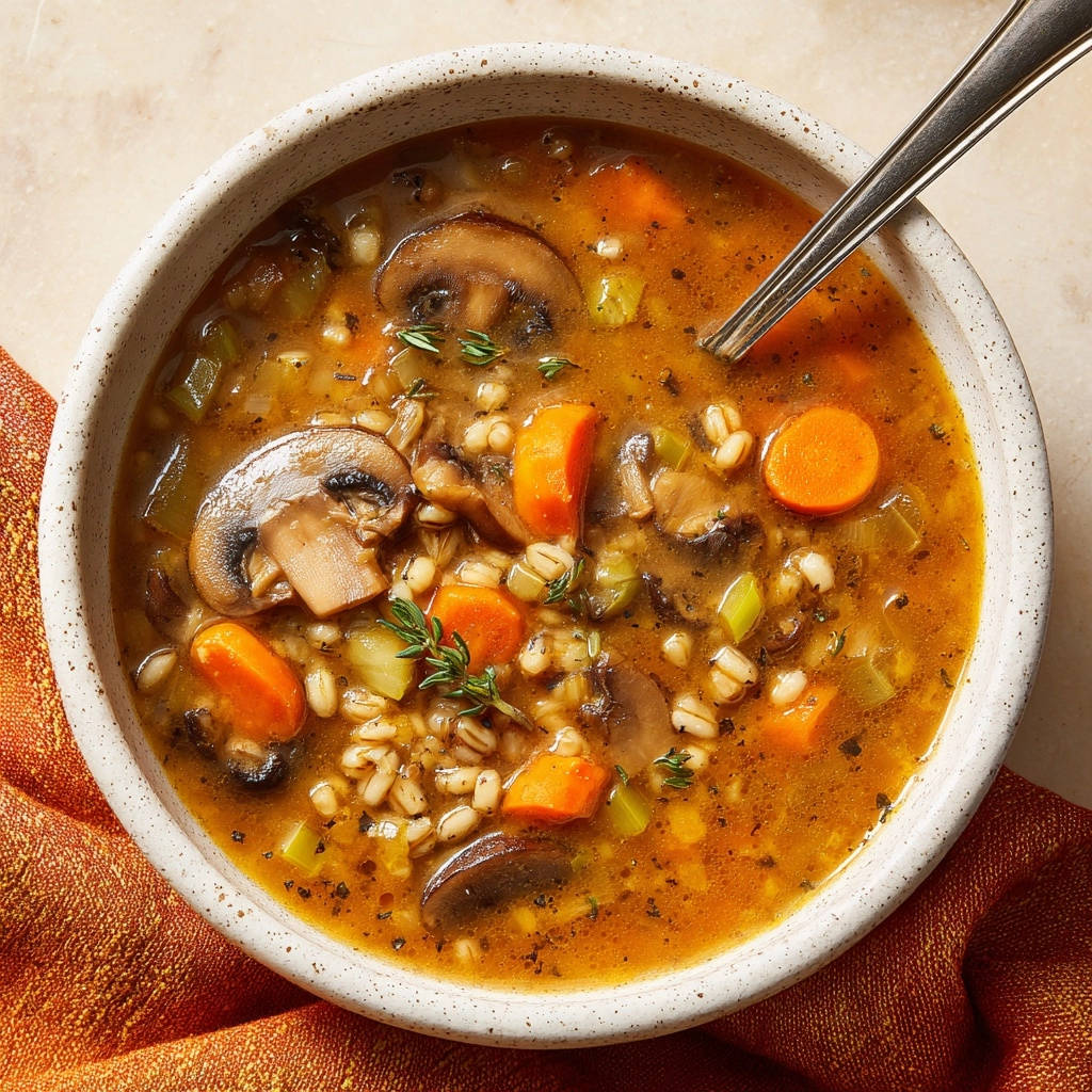 Herzhafte Pilz-Gersten-Suppe als Nahaufnahme in einer rustikalen Schüssel mit Gerste, Pilzen, Karotten und Sellerie.