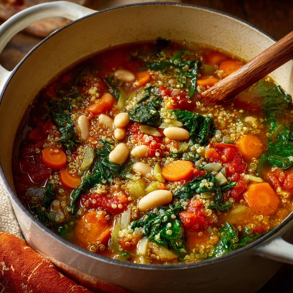 Herzhafter Quinoa-Gemüse-Eintopf, nahaufnahme des dampfenden Gerichts mit Quinoa, Bohnen und Gemüse in einem Topf.