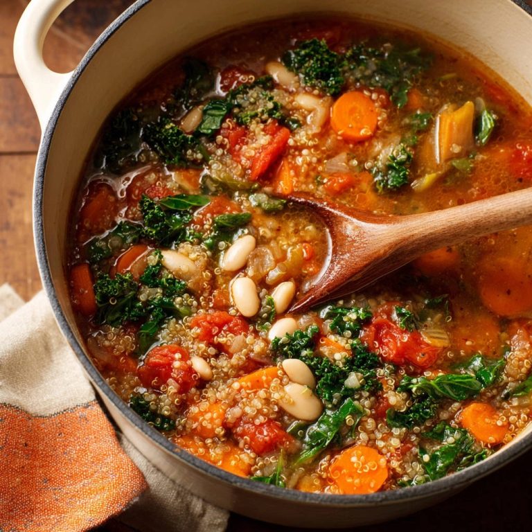 Herzhafter Quinoa-Gemüse-Eintopf als Nahaufnahme mit viel Gemüse und einer Holzschöpfkelle.