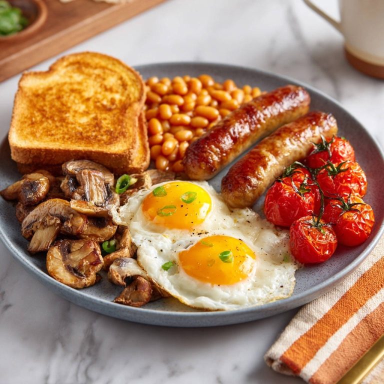 Herzhaftes englisches Frühstück mit Spiegeleiern und perfekt flüssigem Eigelb, auf einem Teller serviert.
