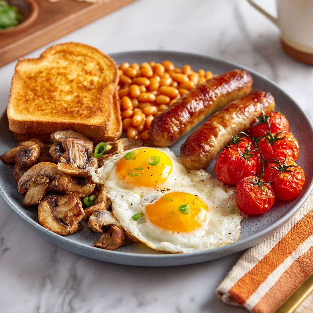 Herzhaftes englisches Frühstück mit Spiegeleiern und perfekt flüssigem Eigelb, auf einem Teller serviert.