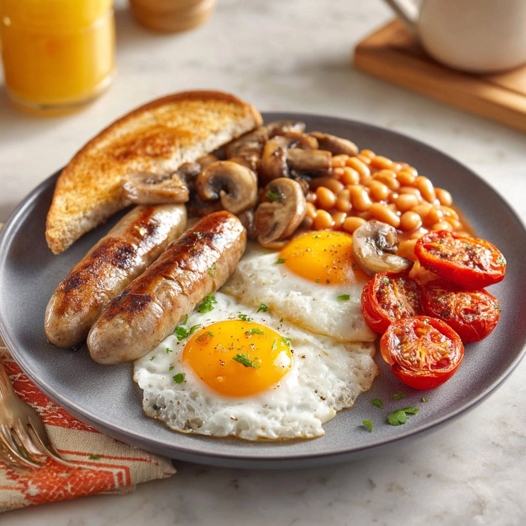 Herzhaftes englisches Frühstück mit flüssigem Eigelb, serviert auf einem Teller mit Würstchen, Speck und Bohnen.