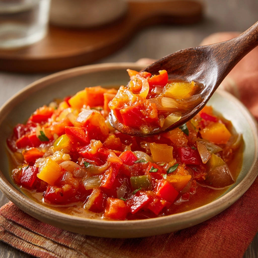 Herzhaftes Paprika-Gemüse als Nahaufnahme mit einem Holzlöffel, der eine Portion aus der Schüssel hebt.