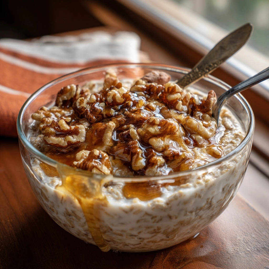 Cremige Honig-Nuss Overnight Oats mit Honig-Glasur und Walnüssen in einer Glasschüssel, Nahaufnahme.