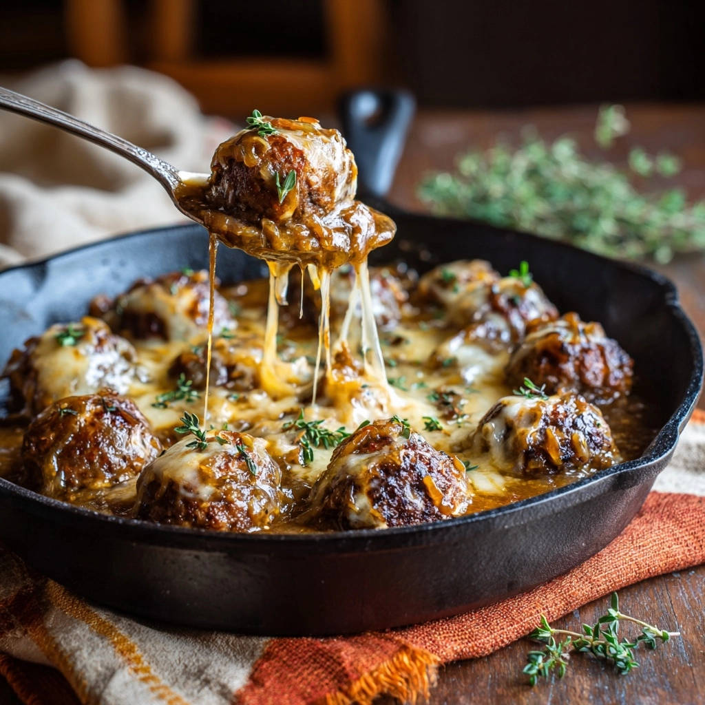 Käse-überbackene Hackbällchen-Pfanne mit geschmolzenem Käse und Kräutern, nahaufnahme auf einem Löffel.
