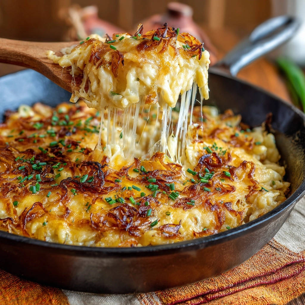 Cremige Käsespätzle mit knusprigen Röstzwiebeln, Käse zieht Fäden beim Anheben mit einem Holzlöffel.