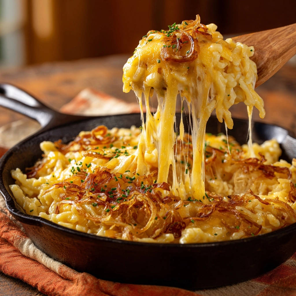 Cremige Käsespätzle mit knusprigen Röstzwiebeln, wo der geschmolzene Käse Fäden zieht, serviert in einer Gusseisenpfanne.