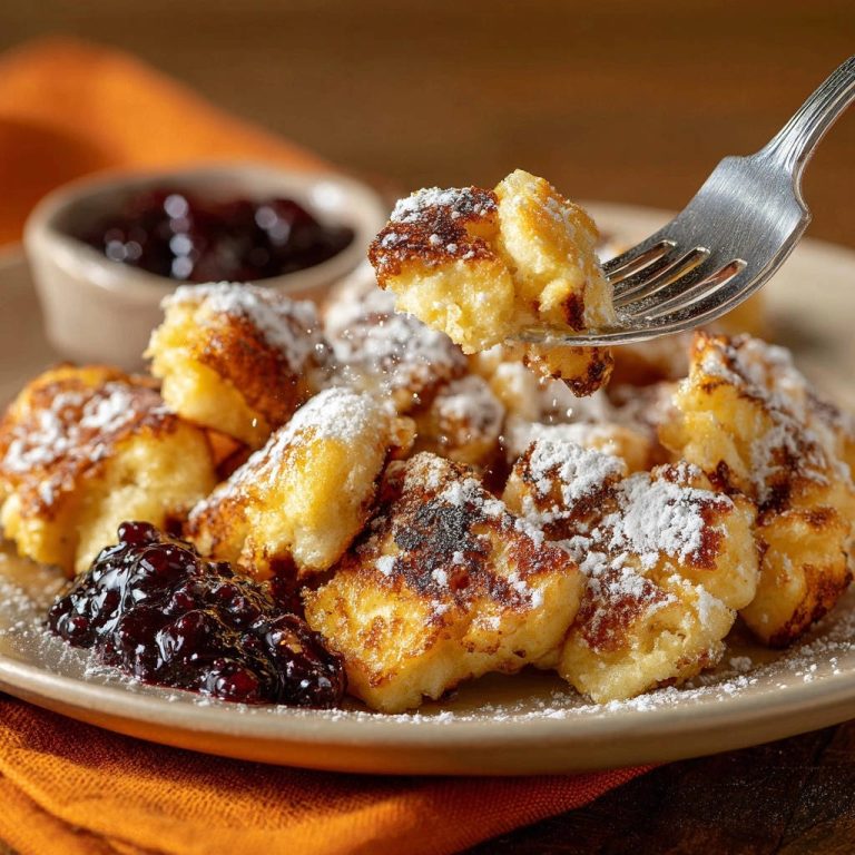 Kaiserschmarrn mit Puderzucker und Marmelade, eine Gabel hebt ein Stück vom lockeren Pfannkuchen heraus.