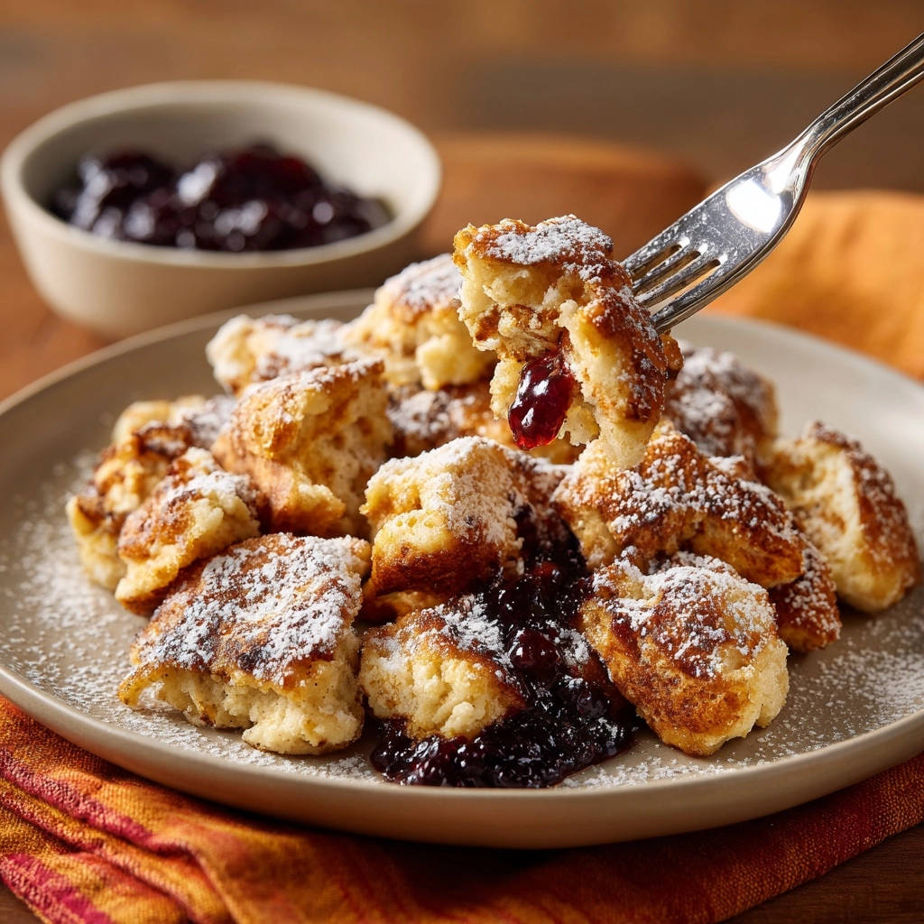 Kaiserschmarrn auf einer Gabel mit Marmelade, das Geheimnis für unwiderstehlich lockere Bissen perfekt eingefangen.